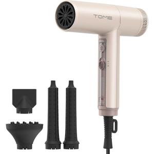 TOME Hair Dryer, 1875W High-Speed EC Motor 110,000 RPM Ionic Blow Dryer, Fast Drying, Cool Shot Lock, 3 Heat 2 Speed, 3 Attachments (Styling Nozzle, Comb Nozzle, Diffuser), 125V,Pink