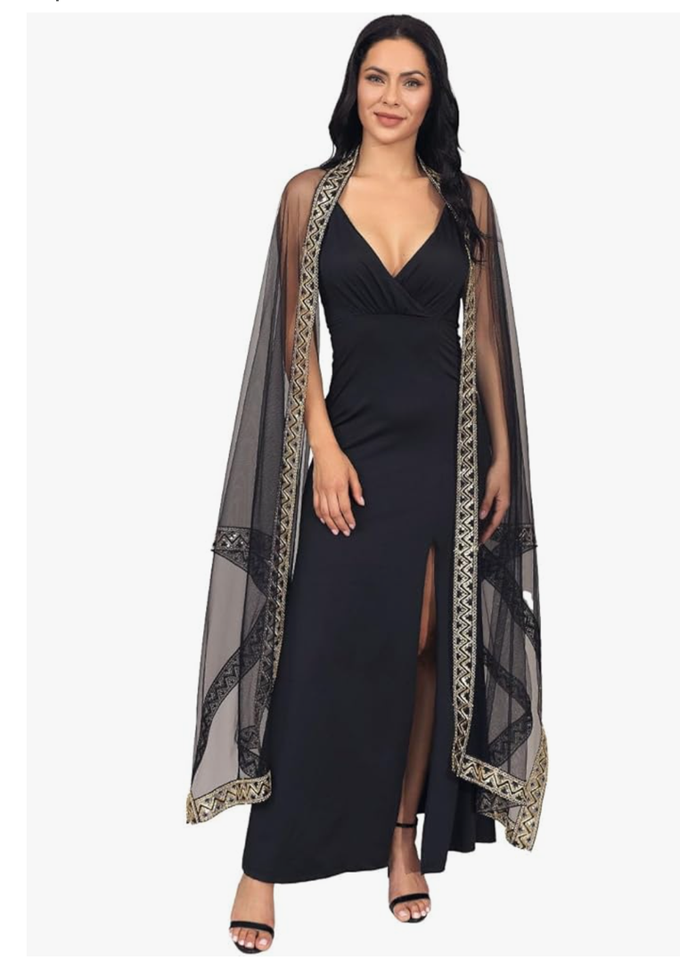 Unicra Black Tulle Cloak Long Cape with Gold Sequin Halloween Costume Cloak Unisex Witch Cosplay Party Cape for Women and Men