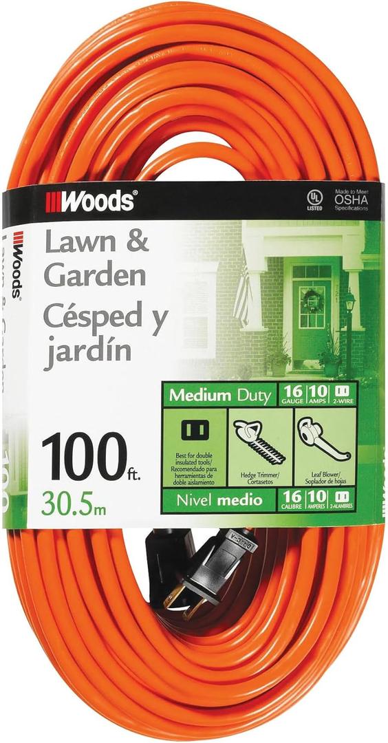 Southwire Woods 100ft Outdoor Extension Cord  Bright Orange, 16/2 Two-Prong  Durable SJTW Jacket for Landscaping & Light-Duty Power  Molded Plug