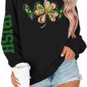 KIDDAD Women St Patrick's Day Sweatshirts: Irish Luck Shamrock Graphic Shirt Casual Holiday Loose Striped Pullover Tops (Black, XL)