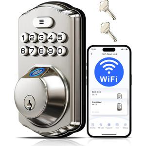 Veise VE012W Built-in WiFi Fingerprint Smart Lock, App Remote Control, No Hub Needed, Keyless Entry, Front Door Smart Deadbolt, Digital Keypad, Auto Lock, IP55 Waterproof, BHMA Grade 3, Satin Nickel