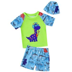 Toddler Boys Dinosaur Rashguard Swimsuit - Kids Short Sleeve Shirt Trunks Swimwear Bathing Suit with Hat 3Pcs Sets(Green, 100, 1263b) (Green)