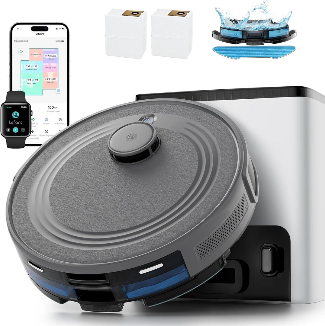 Lefant LiDAR Robot Vacuum and Mop Combo, 10000Pa Suction, 75-Day Self-Emptying Base with Multi-Floor Mapping, 240Min Runtime, Ideal for Pet Hair & Carpets, Wi-Fi/Alexa/App Control, M2S Plus (Gray)