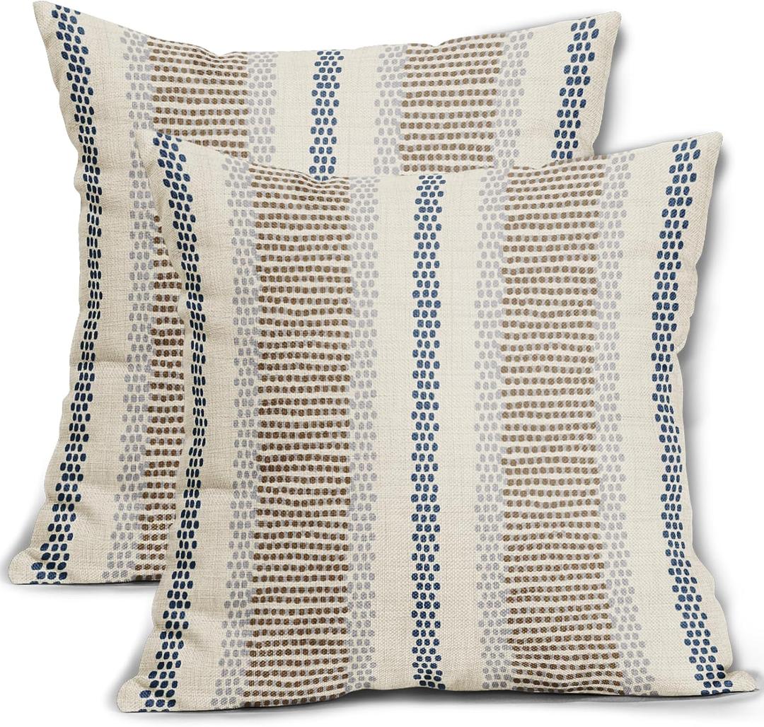 Brown Blue Pillow Covers 18x18 Set of 2 Gray Grey Dot Print Striped Decorative Outdoor Pillowcases Boho Rustic Farmhouse Decorative Throw Cushion Case Decor for Couch Sofa Bed