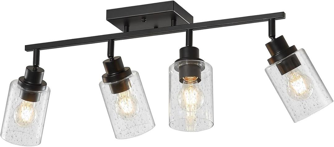 LOUSACE 4-Light Black Track Lighting Fixture, Flush Mount Ceiling Spotlight with Rotatable Heads & Seeded Glass Shade for Kitchen Closet Hallway Entryway Bar