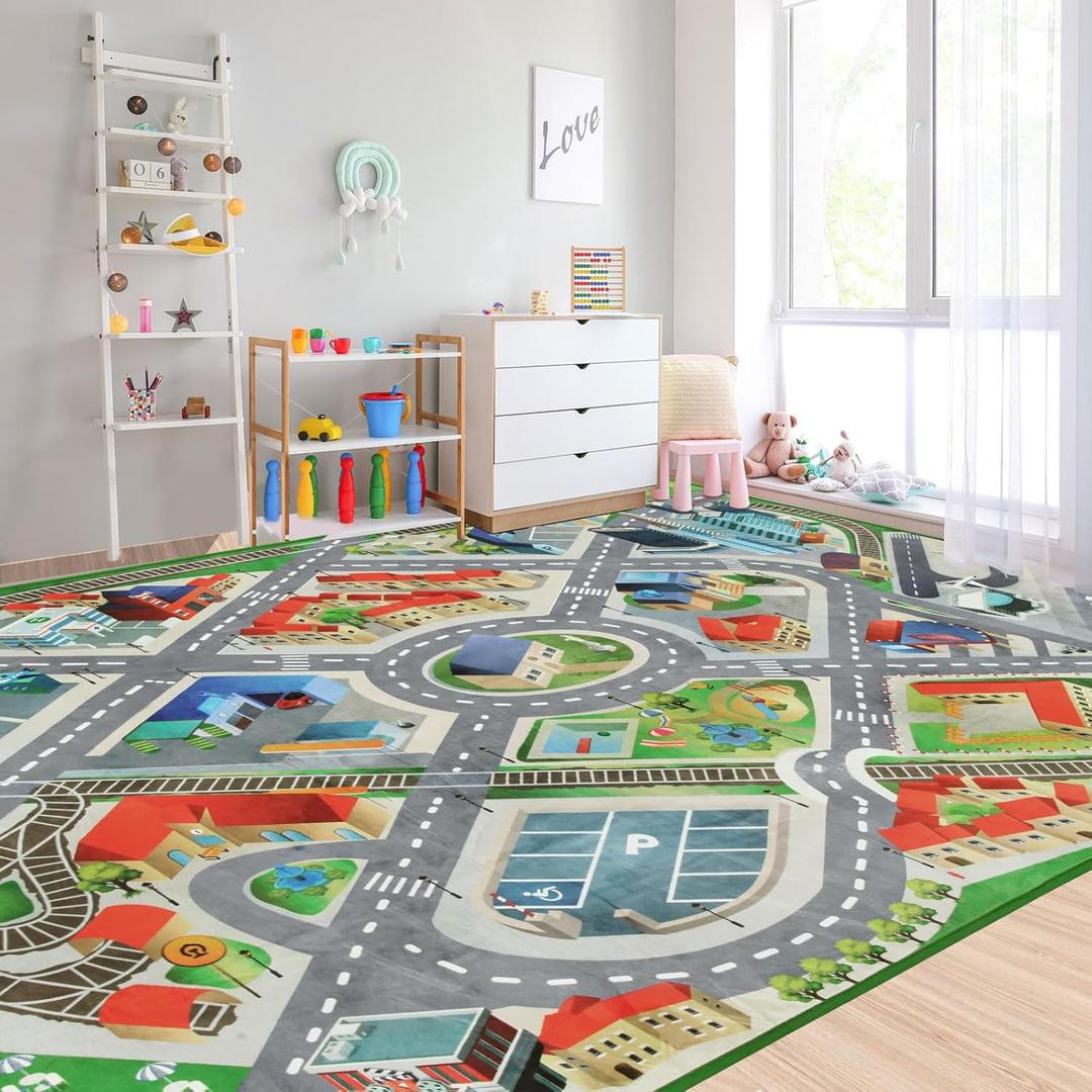 Large Kids Carpet Play Mat Rug for Playroom, 60'' x 84' Car Rugs Mat for Kids Toy Cars, City Life with Road Traffic Playmat Rugs Great for Kids Bedroom Play Room Boy Room Decor, Grey