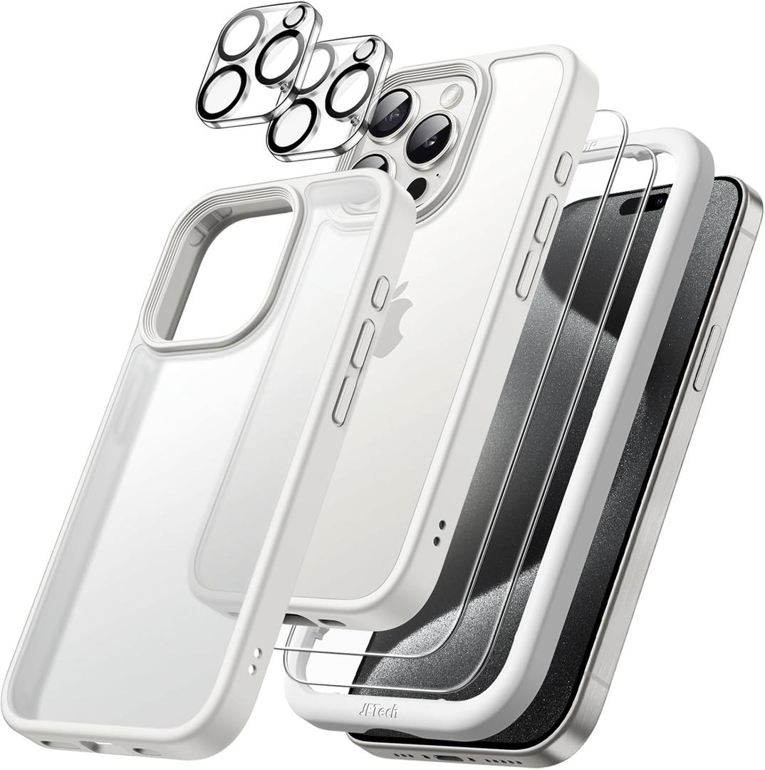 JETech 5 in 1 Matte Case for iPhone 15 Pro Max 6.7-Inch with 2-Pack Each Tempered Glass Screen Protector and Camera Lens Protector, Translucent Back Shockproof Phone Cover (White)