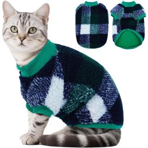 DENTRUN Cat Sweater Winter Clothes - Plush Fleece Coat with Cotton Lining, Anti-Static, Front Legs Kitten Pajamas, Stretch Ribbed Cuffs for Warmth, Cozy Christmas Outfit for Small Medium Large Cats (Green Plaid), L
