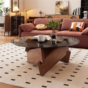 LUCKIIA Round Glass Coffee Table Mid-Century Modern Noguchi Coffee Table with Wood Base Small Coffee Table for Living Room Modern Farmhouse Boho Decor(Walnut Grey)