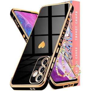 Likiyami for Samsung Galaxy S24 FE - Women Girly Cute Girls Love Heart Design with Chain & Lanyard Cover Soft TPU Bumper Stylish Pretty Plating Luxury Aesthetic for Galaxy S24 FE Case, Black 3 Pack