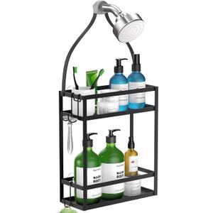 Meangood Shower Caddy, 10.4" x 4.5" x 22.04" Hanging Shower Caddy Organizer Over Shower Head Big Capacity for Shampoo, Conditioner with Hooks for Razor/Sponge, Matte Black