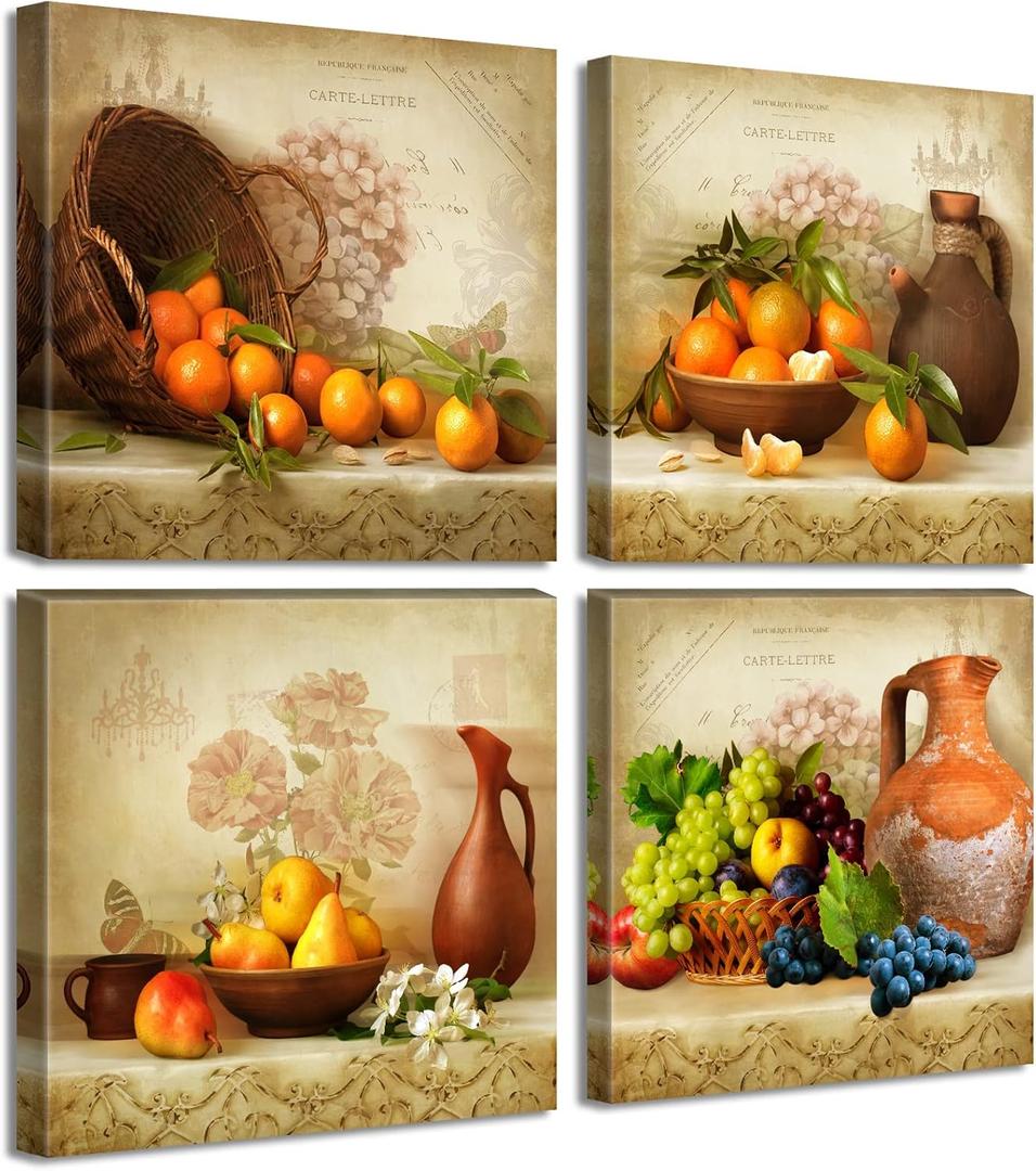 JiazuGo Kitchen Wall Decor Canvas Art for Dining Room Vintage Theme Fruit Pictures Farmhouse Rustic Signs Paintings Bar Accessories Realism Colorful Framed Decorations 4 Pcs/Set (12L" x 12W")