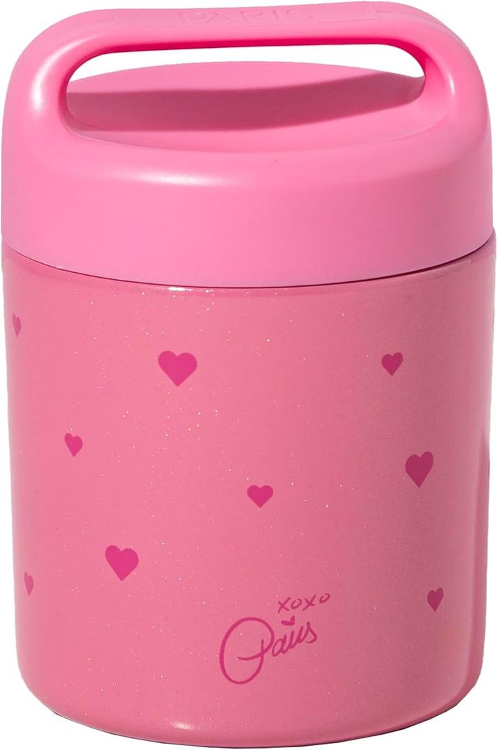 Paris Hilton Stainless Steel Food Jar, Double Wall Vacuum Sealed Insulated Food Storage Container with Carry Handle Lid, 12-Ounce, Pink with Heart Design
