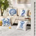 Chinoiserie Coastal Beach Pillow Covers 18x18, Blue and White Floral Seashell Sea Horse Crab Jellyfish Decorative Pillow Covers for Beach Room House Cabin Bedroom Home, Set of 4 haiyang4