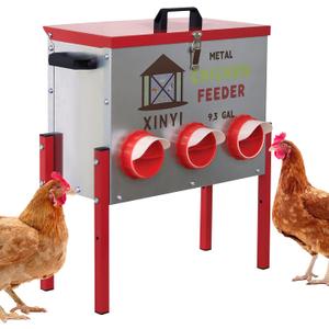 XINYI 9.3 Gallon Automatic Chicken Feeder, 6 Ports Gallon Chick Feeder No Waste with Adjustable Legs, Rodent Proof & Weatherproof Metal Raised Poultry Feeder