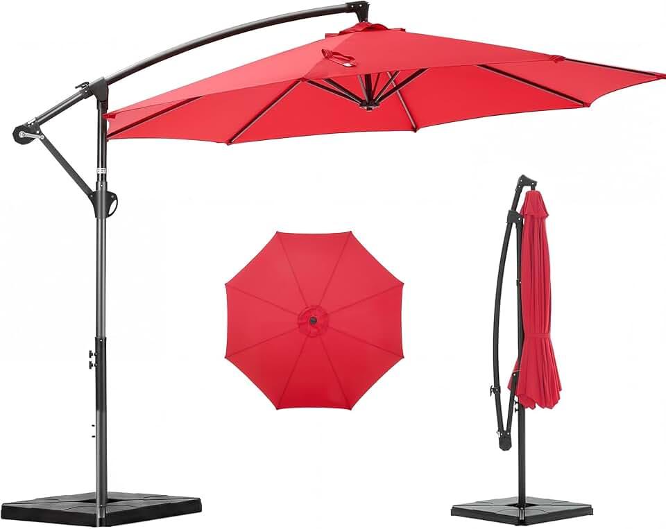 Alpen 10ft Patio Umbrella Outdoor, Offset Cantilever Outdoor Patio Umbrella with Ribs Tilt and Crank Button, Beach Umbrella for Garden Deck Backyard Poolside Beach, Red