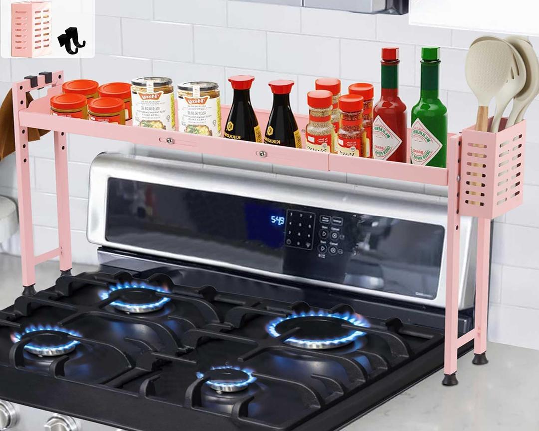 Horynar Over Stove Shelf Stove Top Organizer Shelf for Kitchen with Extra Basket and Hooks Adjustable 27 to 32 Inches Pink Over the Sink Spice Rack for Countertop (Pink)