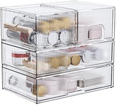 ZHIAI Stackable Storage Box, Acrylic Organizer, Cosmetic Organizer for Cosmetics and Beauty Products for Dressers, Bathrooms, Cabinets, Bedrooms and Home Organization 4 Piece Set