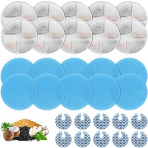 2 x 10 Set Cat Water Fountain Filters for 2L/67oz Round Stainless Steel Pet Water Fountain, ZEKIRY Pet Water Fountain Filters, Triple Filtration Replacement Filters(10 Filter, 10 Sponge, 10 8D Sponge)