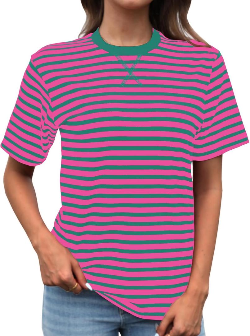 Dwnval Women's Fashion Stripe Crew Neck Short Sleeve Shirts Basic Womens Loose Fit Tops 2025 Spring Summer Going Out Top (Pink, Green, S9)