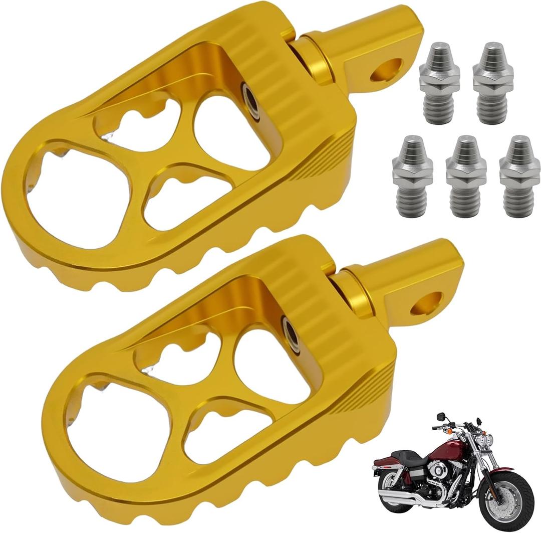 VIKKSAER 2Pcs Foot Pegs Motorcycle Universal CNC Footpeg Gold, CNC Wide Fat Foot Rest, 360Roating Chopper Bobber Style, Replacement for Harley Dyna Fatboy Sportster Iron 883