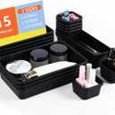 Kutesna 15 Piece Drawer Organizer Set, 3 Size Interlocking Plastic Storage Bins for Office Supplies, Jewelry Makeup Vanity, Bathroom Kitchen, Home Organization Closet, Gadgets Small Items, Black