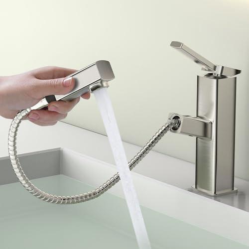 JONKEAN Pull Out Bathroom Faucet 1 Hole, Square Single Handle Bathroom Sink Faucets, Single Hole Bathroom Faucet with Pull Down Sprayer, Modern RV Lavatory Vanity Faucet (Brushed Nickel, Regular)