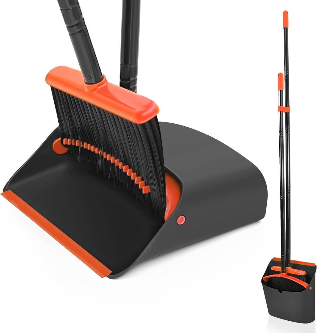 Broom and Dustpan Set for Home, JEHONN Long Handle Lightweight Indoor Broom Set Heavy Duty, Upright Standing Dust Pan with Comb Teeth Store Sweep Set for Room Kitchen Office Lobby (Black)