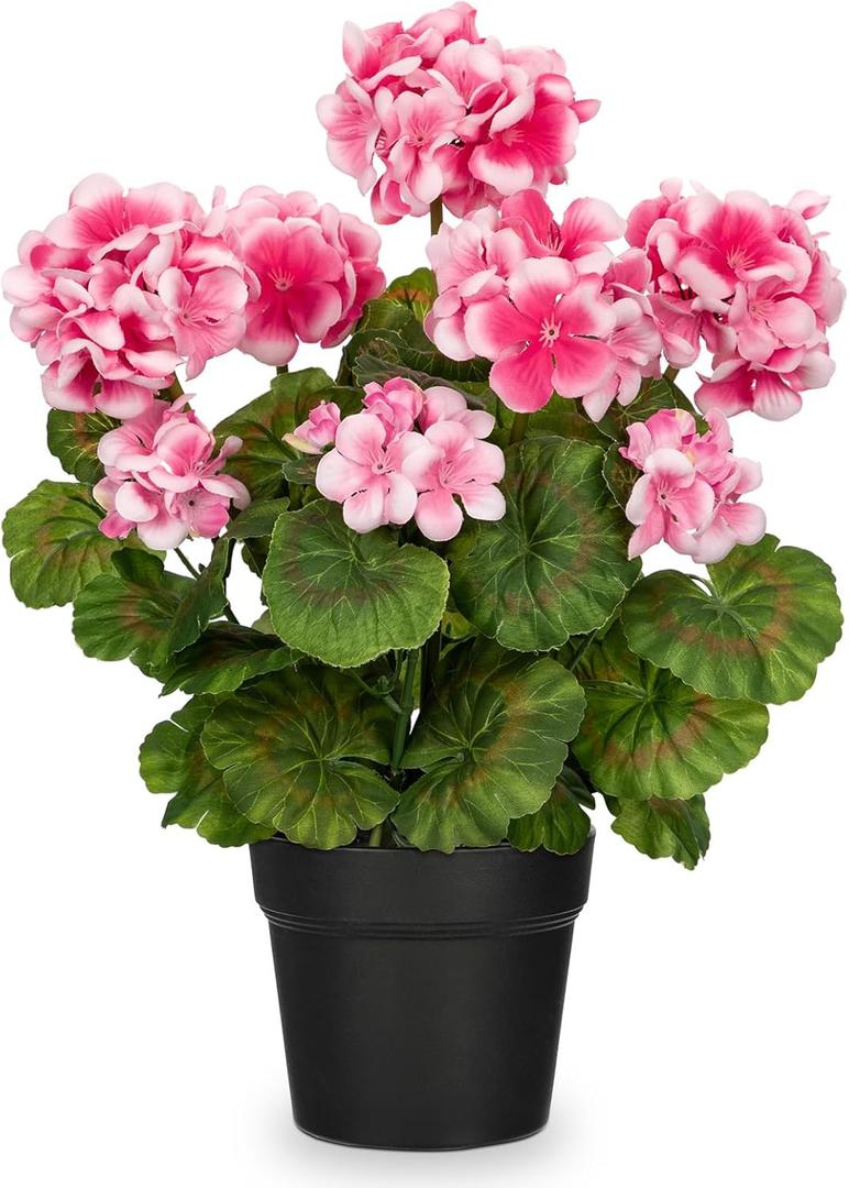 Briful Artificial Geranium Potted Plant 16 Tall, Realistic Silk Flowers with Vibrant Green Leaves, Pink White Geraniums Fake Flowers for Outdoors Home Decor, Wedding Farmhouse Office Tables Decor
