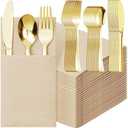 Tioncy 15 Pack Gold Plastic Silverware Set with Napkins, Linen Touch Napkins and Plastic Cutlery Set Gold Disposable Dinnerware with Forks Spoons Knives(Champagne)