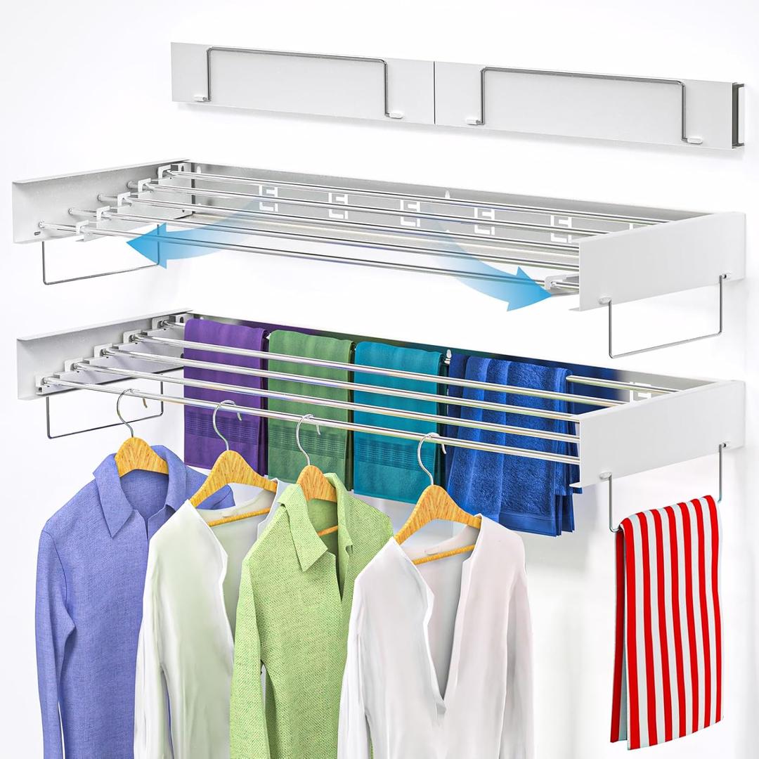 Wall Mounted Drying Rack,Laundry Clothes Drying Rack , Folding,Retractable,Collapsible with 2 Handles and Wall Template for Indoor Outdoor Hanging Clothes, Space Saving,5 Rods, (White 31.5 Inch)