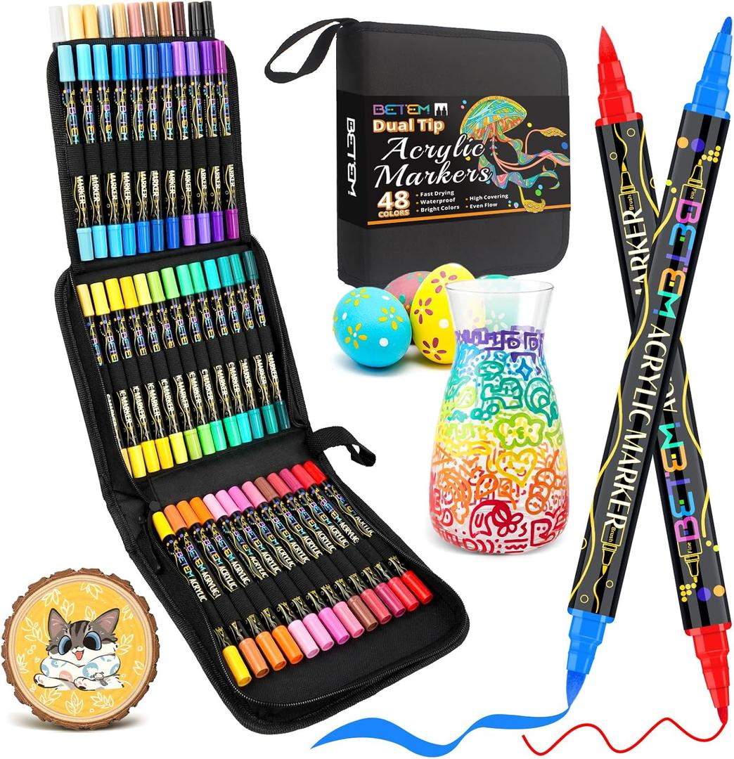 Betem Paint Markers Acrylic Paint Pens, Dual Tip 48 Colors Acrylic Markers with Brush Tip and Fine Point, Art Supplies for Wood, Canvas, Stone, Glass, Rock Painting Kit DIY Crafts Drawing Kit with Bag
