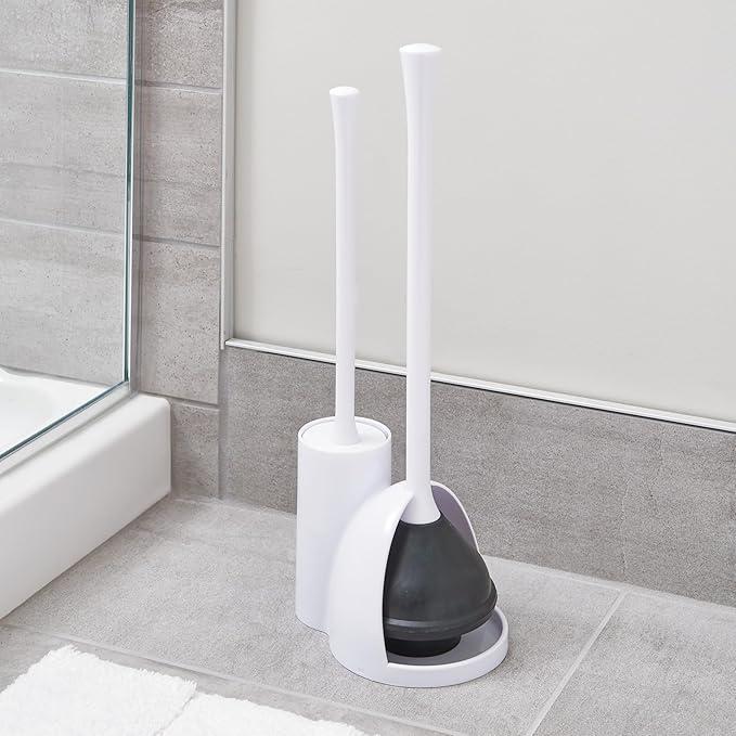 iDesign Una Plastic Toilet Bowl Brush and Plunger Combo Set for Bathroom Cleaning and Storage