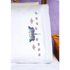 Janlynn Dragonfly Pillowcase Pair Stamped Cross Stitch, 20 by 30-Inch, White