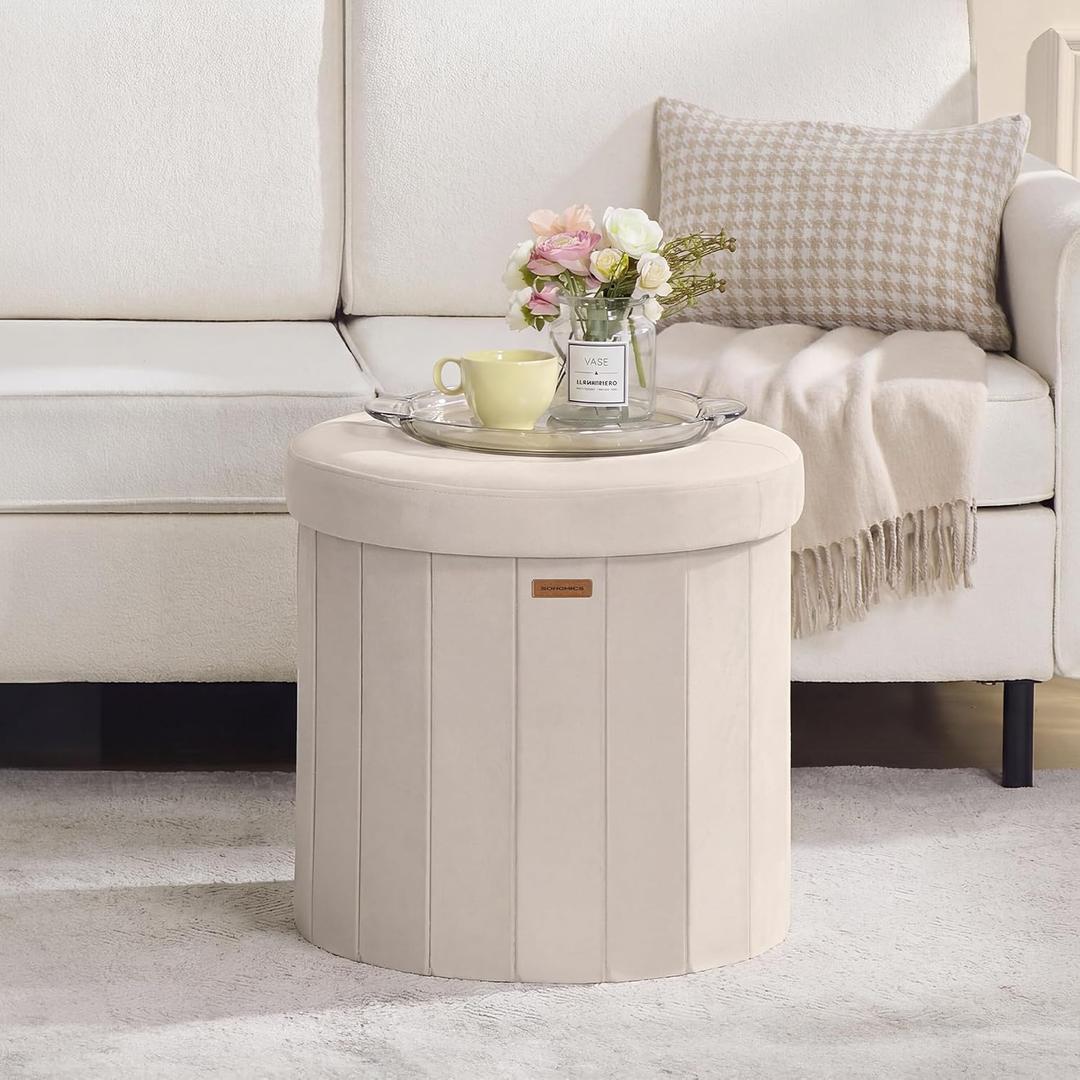SONGMICS Mazie Collection - Round Storage Ottoman, Folding Footrest Stool with Removable Lid, Easy Assembly, Velvet Vanity Stool for Bedroom, Living Room, Entryway, Cappuccino Beige ULSF608L01, 18.1"Dia. x 17.7"H