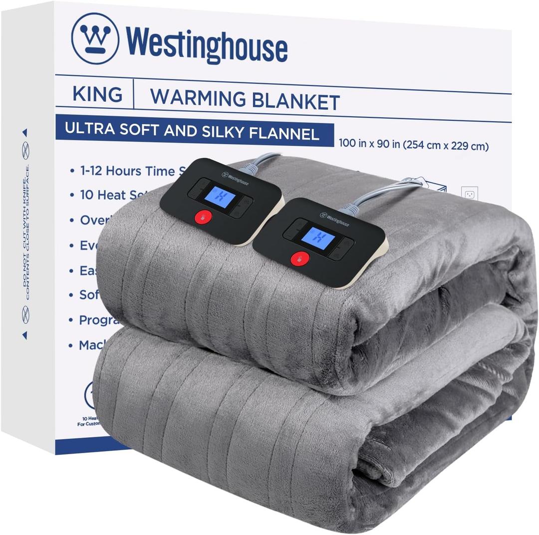 Westinghouse Electric Blanket King Size, Super Cozy Soft Flannel 100"" x 90"" Heated Blanket with 10 Fast Heating Levels & 1-12 Auto-Off, Machine Washable, ETL&FCC Certification, Light Grey