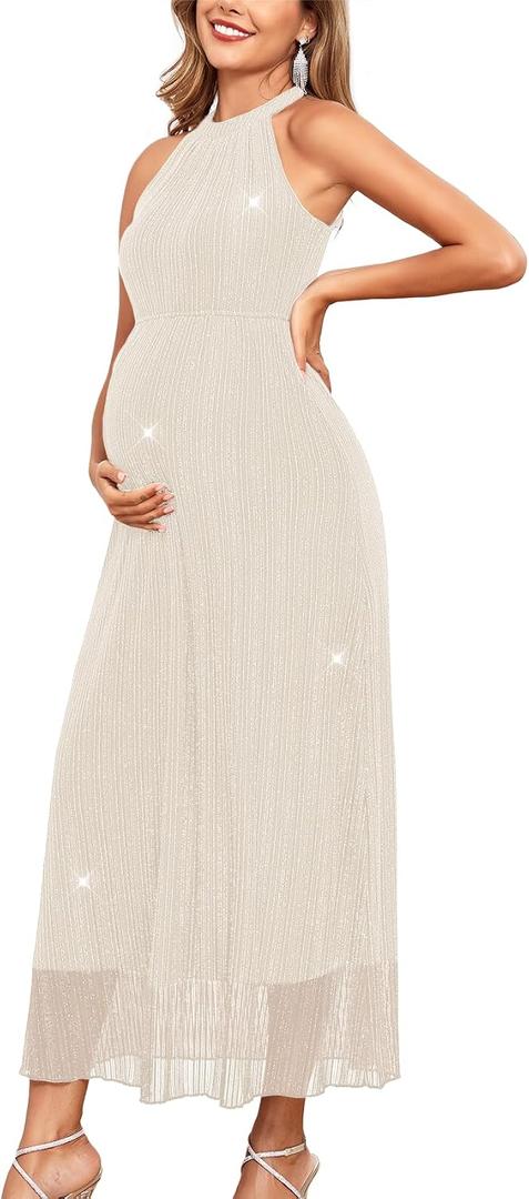 AISWI Maternity Sparkly Mesh Dress Halter Neck Sleeveless A Line Pregnancy Dresses Semi Formal Baby Shower Photoshoot L