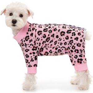 Small Dog Striped Recovery Suit, Puppy After Surgery Onesie for Female Male, Pet 4-Legged Pajamas Bodysuit, Surgery Abdominal Wound Bandages Clothes Pant for Shedding Skin Disease (Pink Leopard, S)