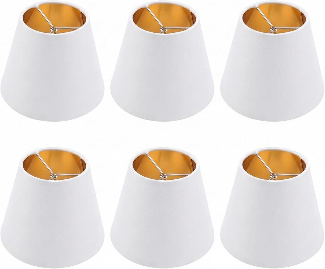 Small Lamp Shades Clip on Bulb, Chandelier Shades Set of 6, Mini Linen Lampshade 2.9x5.9x5.1in Small Lamp Shade for Chandelier Lamp Replacement White&Gold (White Edge)