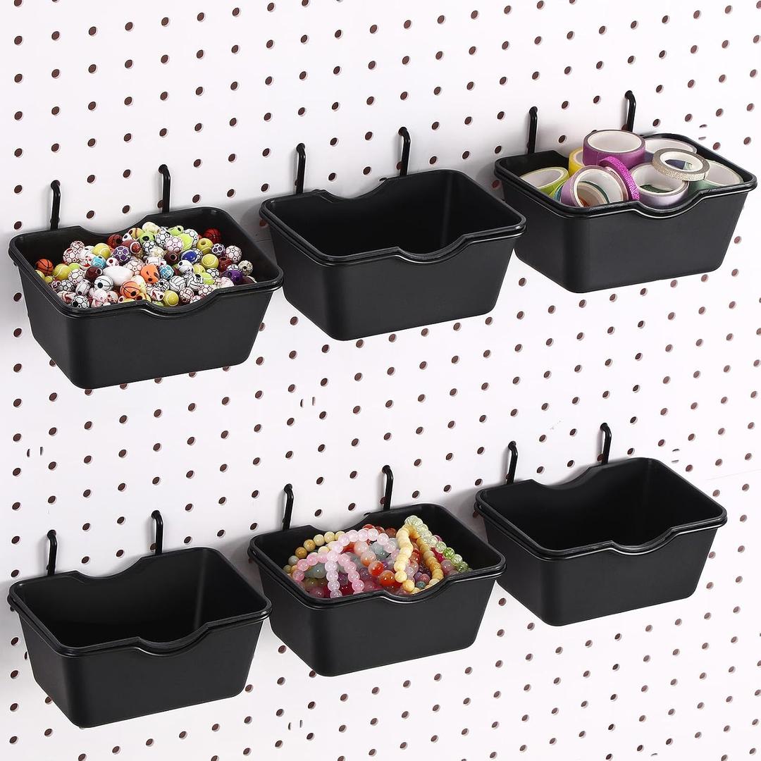 Willinglong 6 Sets Large Pegboard Bins with Hooks Loop Peboard Accessories Peg Board Hook Assortment Wall Organizer Square Box Shape Peg Board Container for Office Wall Craft Supplies Garage(Black)