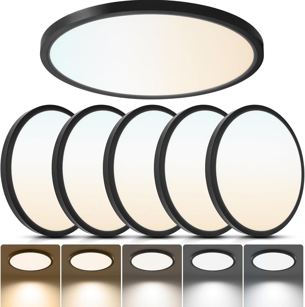 6-Pack 12 Inch Black Led Flush Mount Ceiling Lights, 24W 2640LM 5CCT Selectable (2700K-6500K),Low Profile Flushmount Ceiling Fixtures for Bedroom, Kitchen, Hallway, Laundry