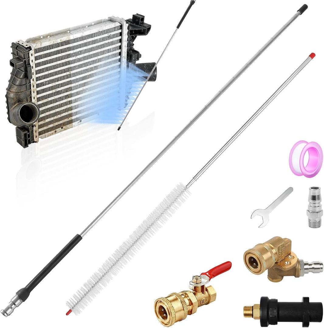 40in Radiator Cleaning Wand,Water and Air Dual-Use 4500 PSI Pressure Washer Tool With 25° Fan Nozzles,4 Brass Connectors,Cleaning Brush,Wrench and Sealing Tape (14 Linear Holes)