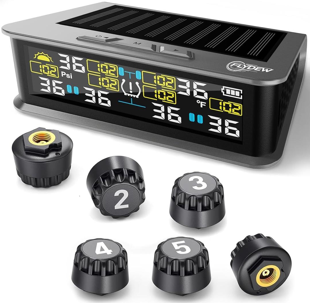 RV Tire Pressure Monitoring System, TPMS with 6 Sensors & 6 Alarm Modes, 0-144 PSI 1.5PSI, Solar/USB Charging for Dually Trucks & Heavy-Duty Trailers