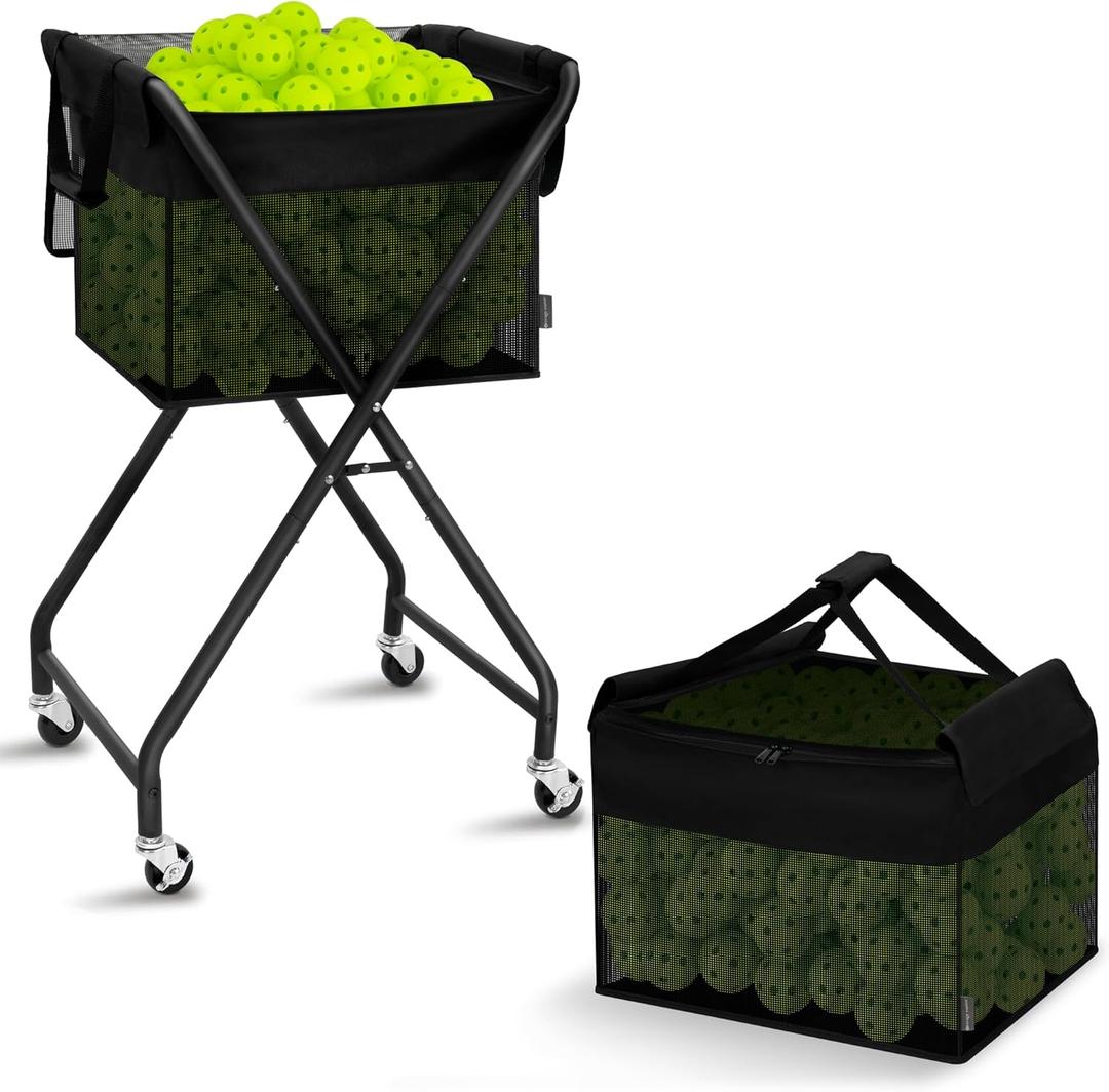 STORAGE MANIAC Foldable Tennis Ball Hopper Pickleball Bag Holds 150 Pickleballs or 180 Tennis Balls Collector Pickleball Retriever Pick Up Ball Basket Ball Caddy with Wheels Portable Training Cart