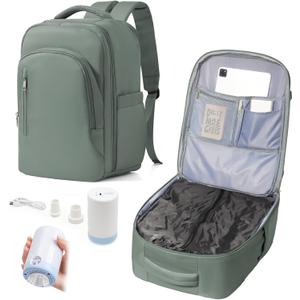 Vacuum Backpack Travel with Pump for Women, Personal Item Carry on Backpack Flight Approved 18x14x8 inches for Men, Waterproof Work Laptop Casual Daypack - Green