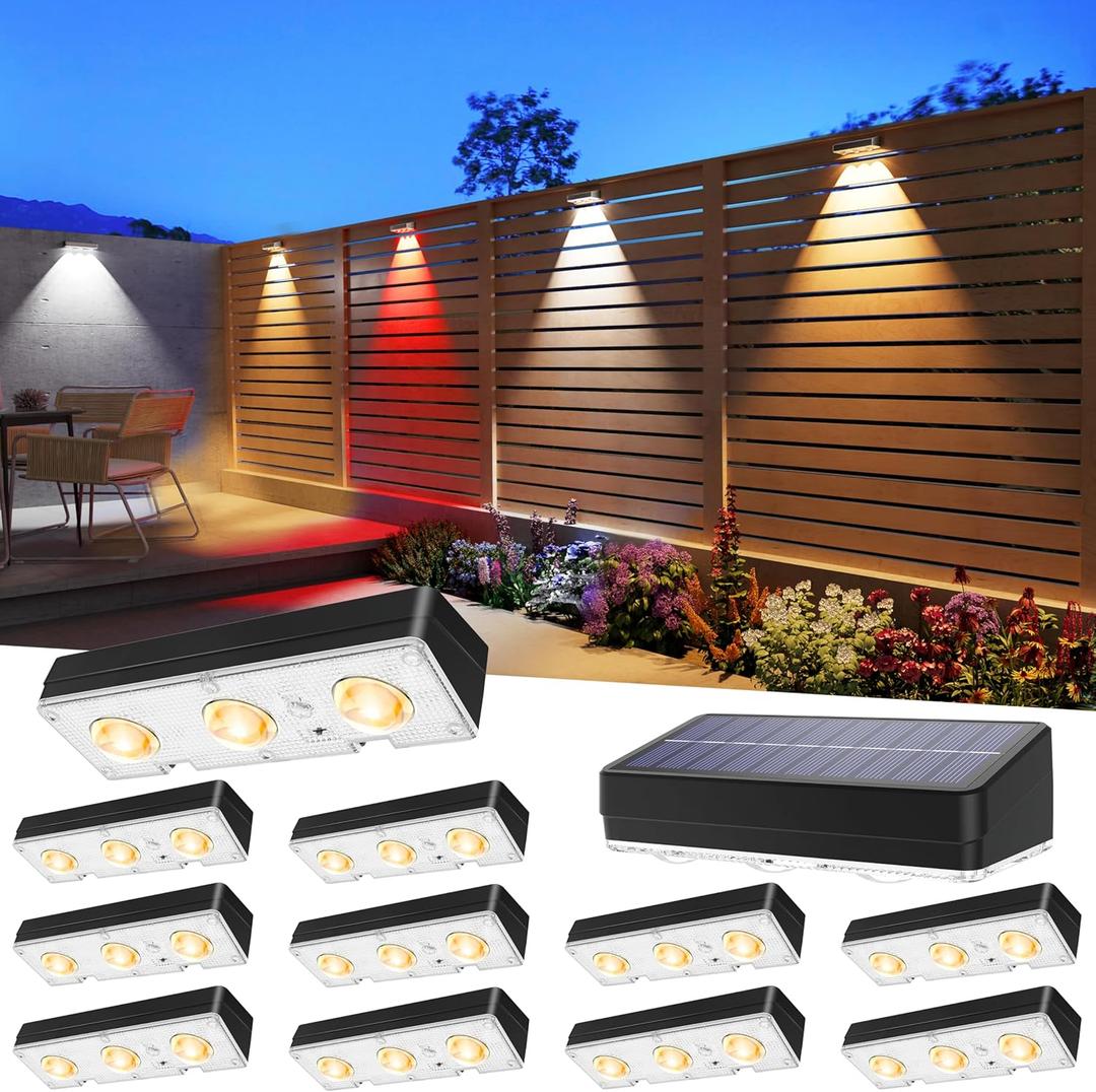 Solar Fence Lights Outdoor Waterproof Led, 12Pack,1300mAh,6 Inch Solar Lights for Fence with Warm White & RGB 8 Colors,Outdoor Solar Lights for Patio, Backyard, Deck, Fence, Railing (Black)