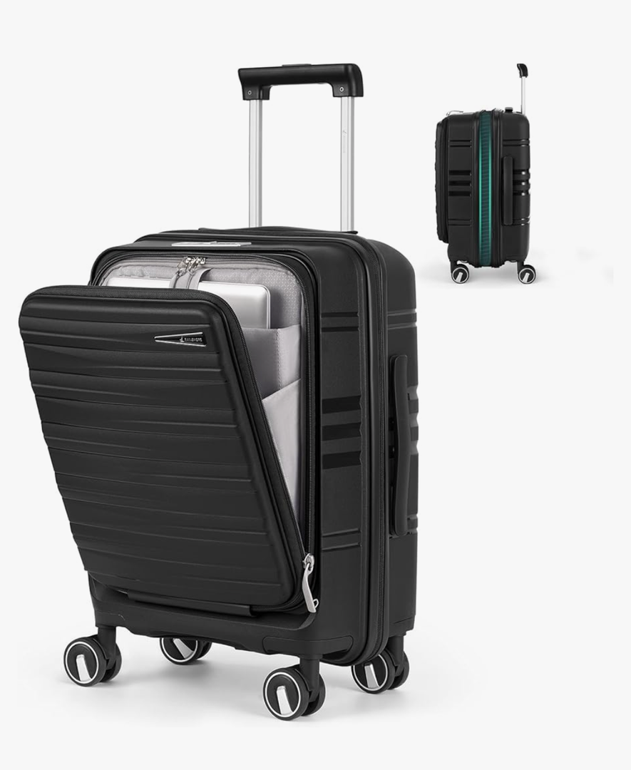 RAINSMORE Expandable Carry on Luggage 20 Inch, Airline Approved Carry on Suitcase with Front Pocket&Laptop Compartment, Hardshell Rolling Travel Luggage with Spinner Wheels,Black