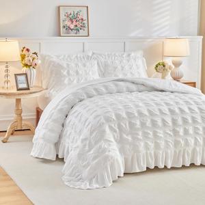 White Plaid Seersucker Comforter Set with Ruffled Fringe Twin Size, 3 Pieces Soft Fluffy Farmhouse Bedding Set for All Season, Twin Bed Set with Ruffle Shams (White, Twin)