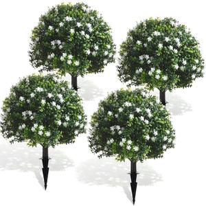 Yunlly 4 Pcs Artificial Boxwood Topiary Ball Tree 27 Inch Outdoor Boxwood Balls with Flower Faux Bush, UV Resistance Fake Shrub Plant with Spike for Garden Porch Patio Decor (White)