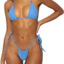 Women Halter String Bikini Set Sexy Thong Cheeky Two Piece Swimsuits Solid Color Bathing Swimwear (Medium, Haze Blue)